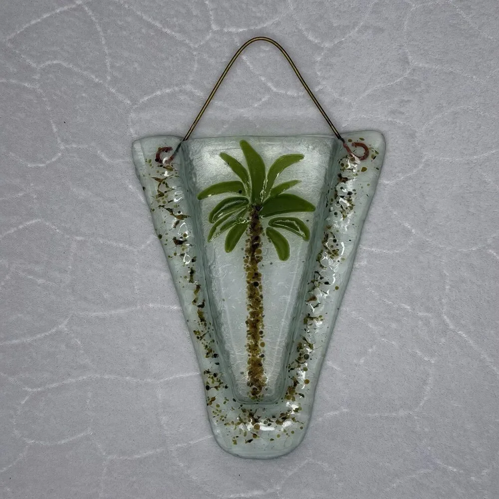 Fused Glass Hanging Wall Pocket Vase Palm tree Tropical Artsy Hawaiian‎